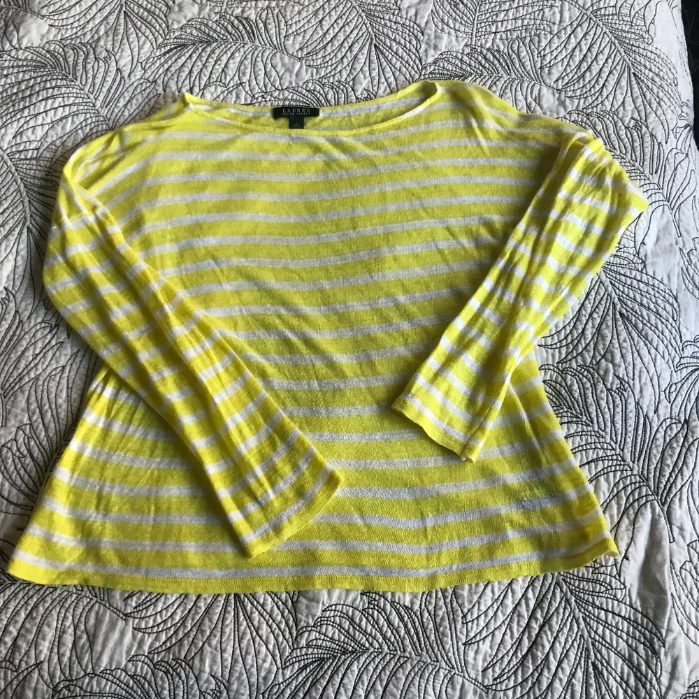 LRL Lauren Ralph Lauren 100% Linen Sweater L Yellow Striped Sheer Lightweight